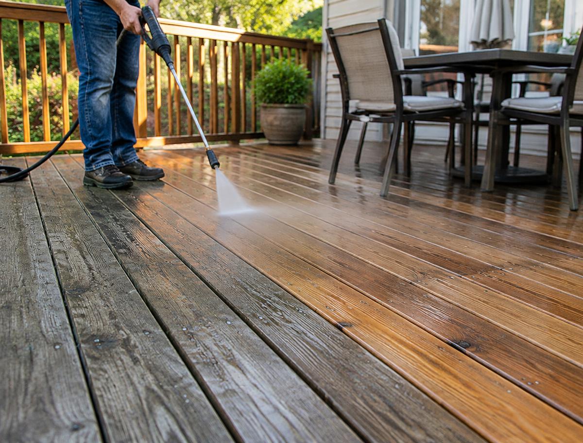 Backyard deck boards being cleaned