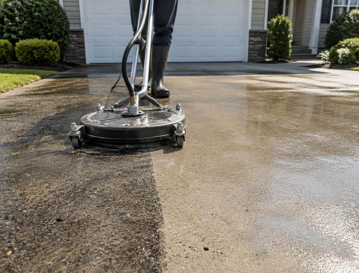 Driveway concrete being cleaned with a surface cleaner
