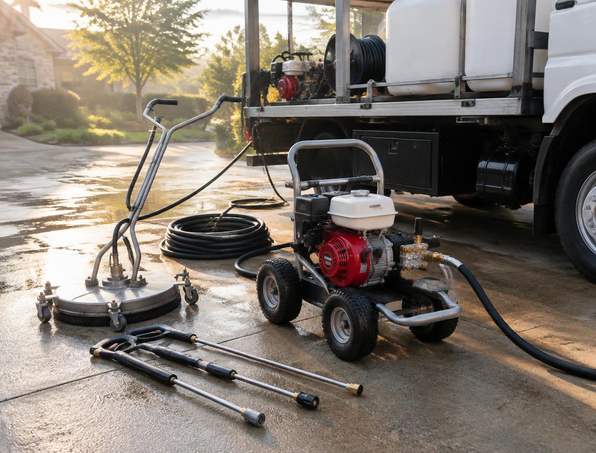 Professional pressure washing equipment staged on a driveway