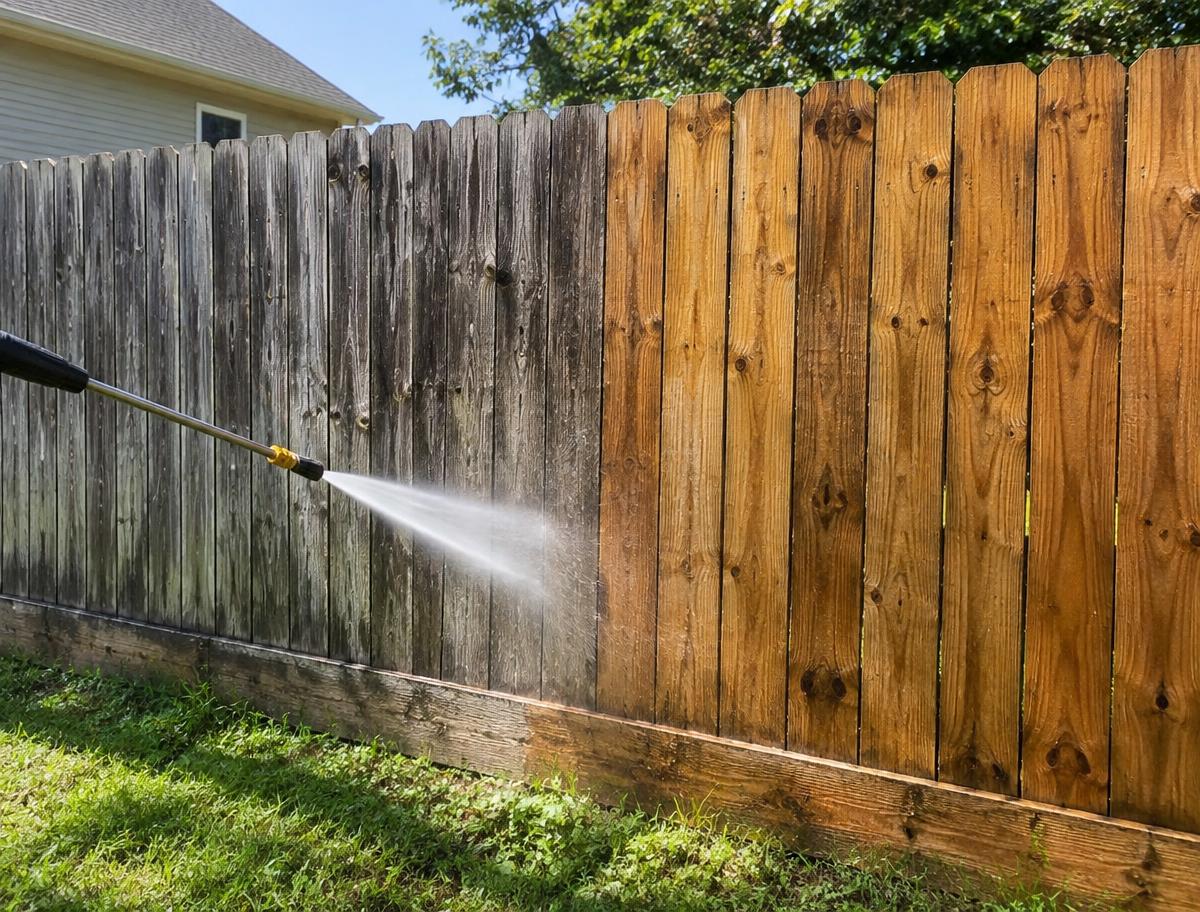 Wood privacy fence half cleaned