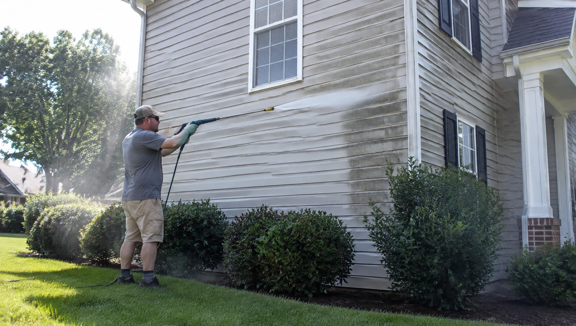 Pressure washing the siding of a Southern home, with a clear clean line on the vinyl