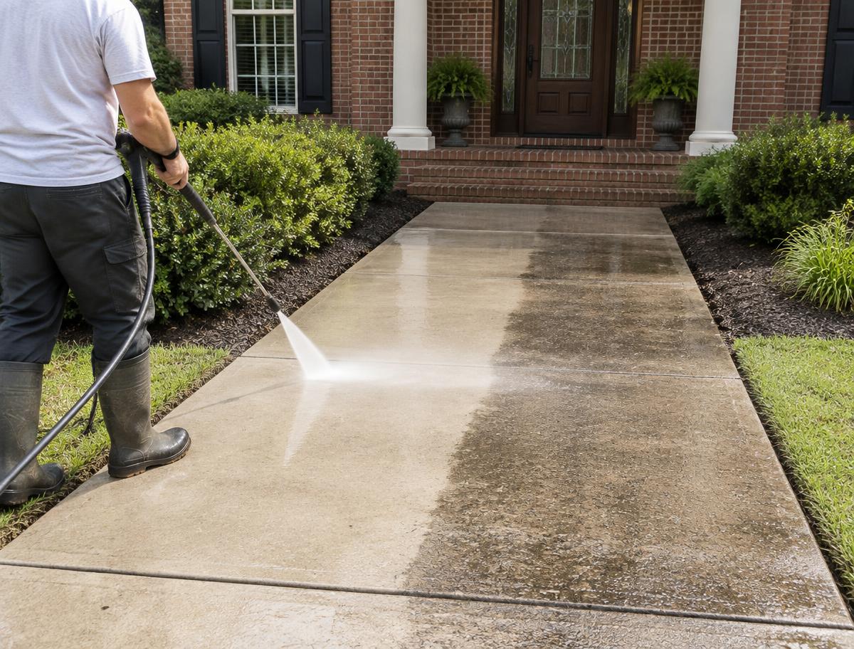 Walkway concrete being pressure washed